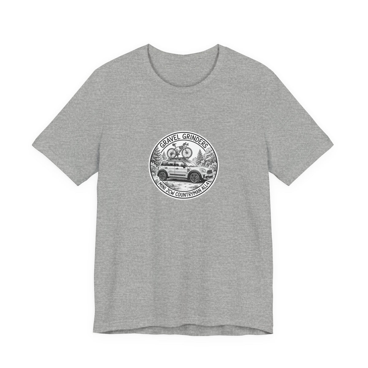 Gravel Grinders round line-art badge: compact crossover with gravel bike on roof rack among pines on tee, Athletic Heather