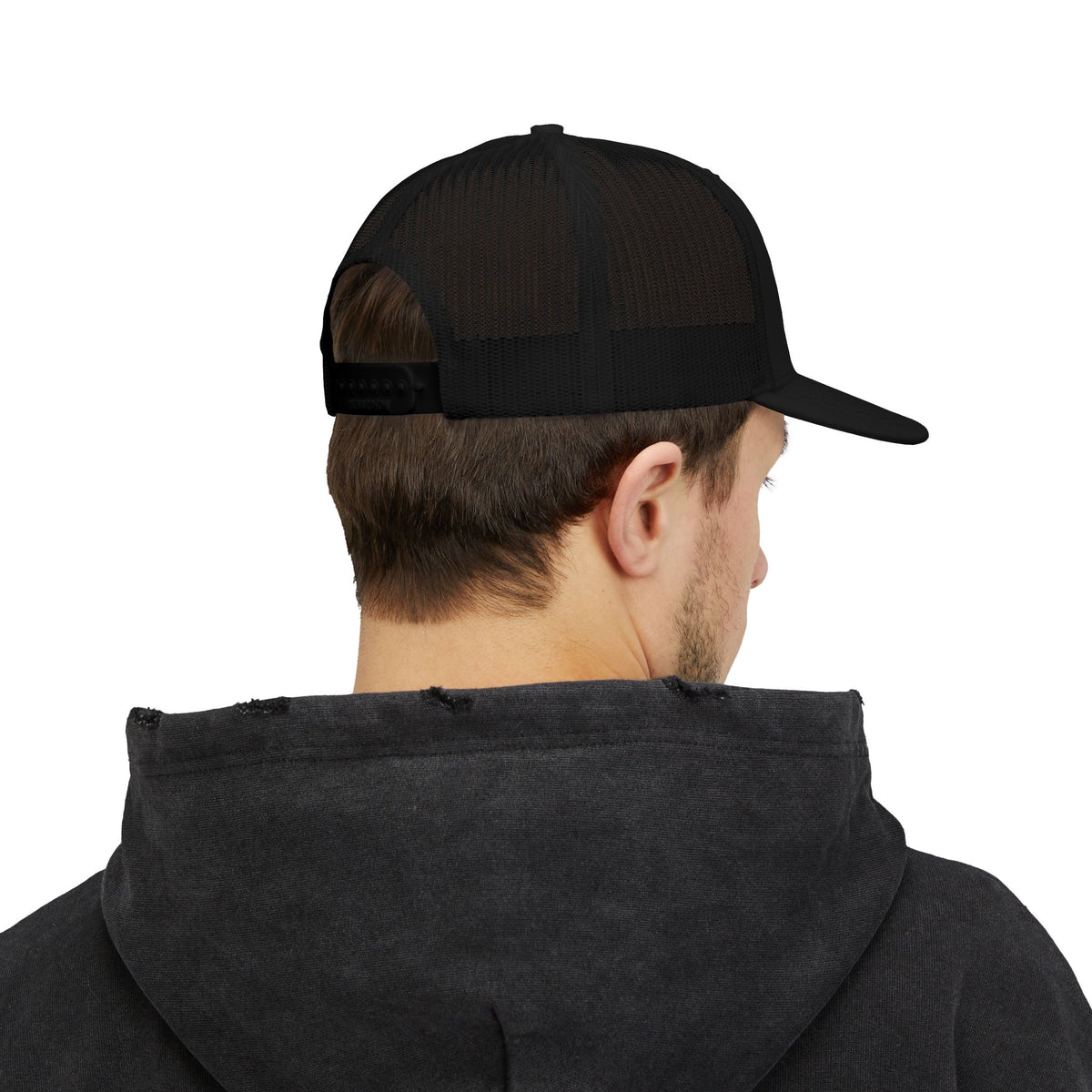 Richardson trucker hat with embroidered IN WE TRUST lockup, front-view boxy 4x4 between the words – view 14