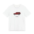 Tee: Devil Red boxy 4x4 in side profile on white field, "Axles first. Trim second." lettering under the truck, White