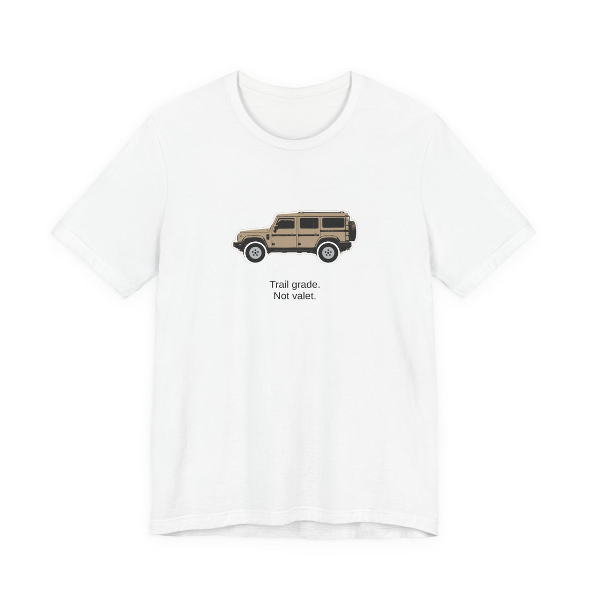 Tee: Magic Mushroom boxy 4x4 in side profile on white field, "Trail grade. Not valet." lettering under the truck, White