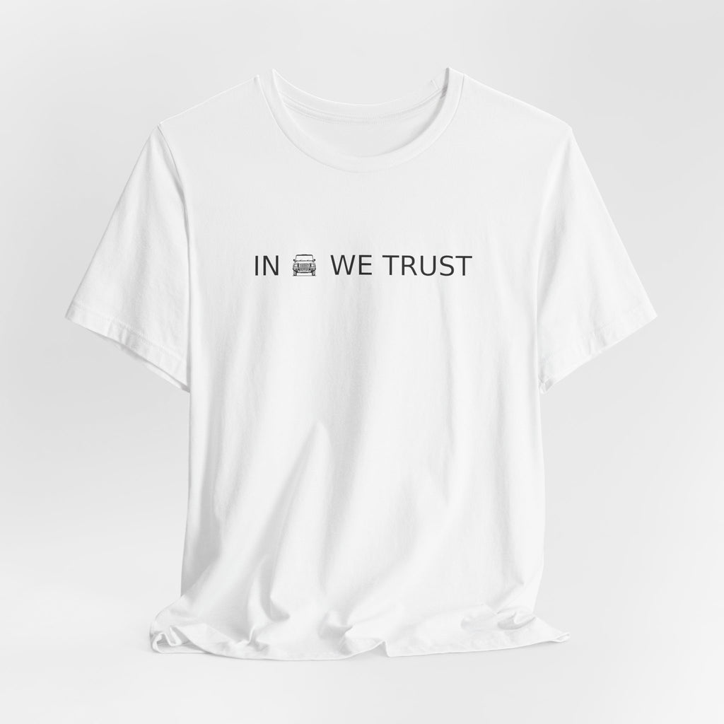 Tee with full-front IN WE TRUST lockup, front-view boxy 4x4 between the words – view 7