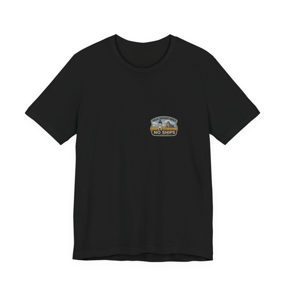 Tee with left-chest Tulsa Lighthouse Service fake rescue patch, Black