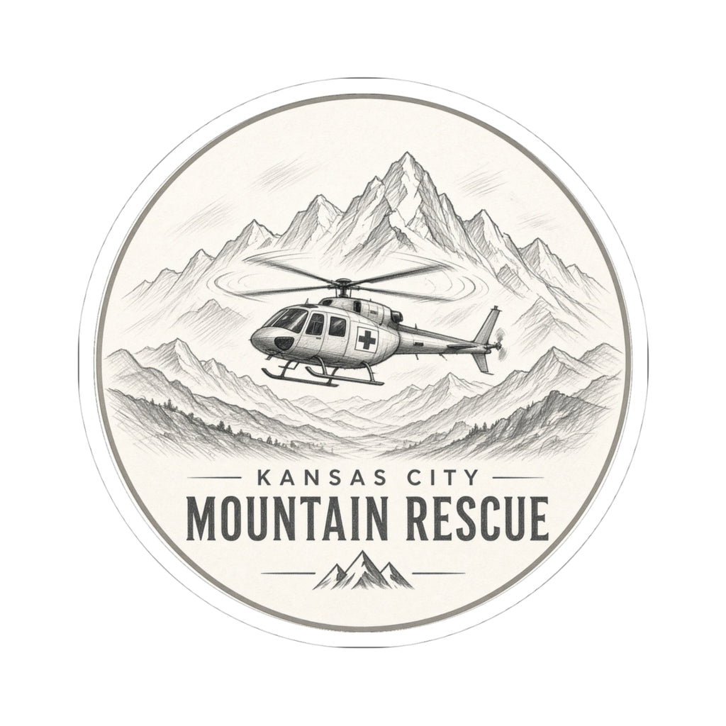 Round sticker: Kansas City Mountain Rescue, helicopter flying past sketched mountain range