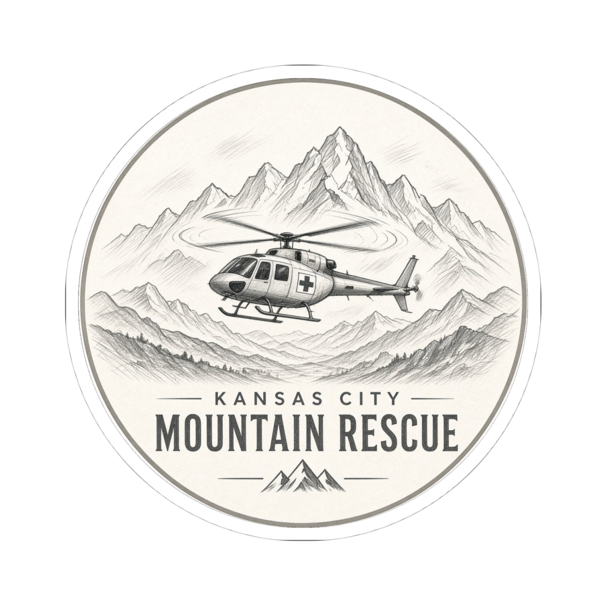 Round sticker: Kansas City Mountain Rescue, helicopter flying past sketched mountain range