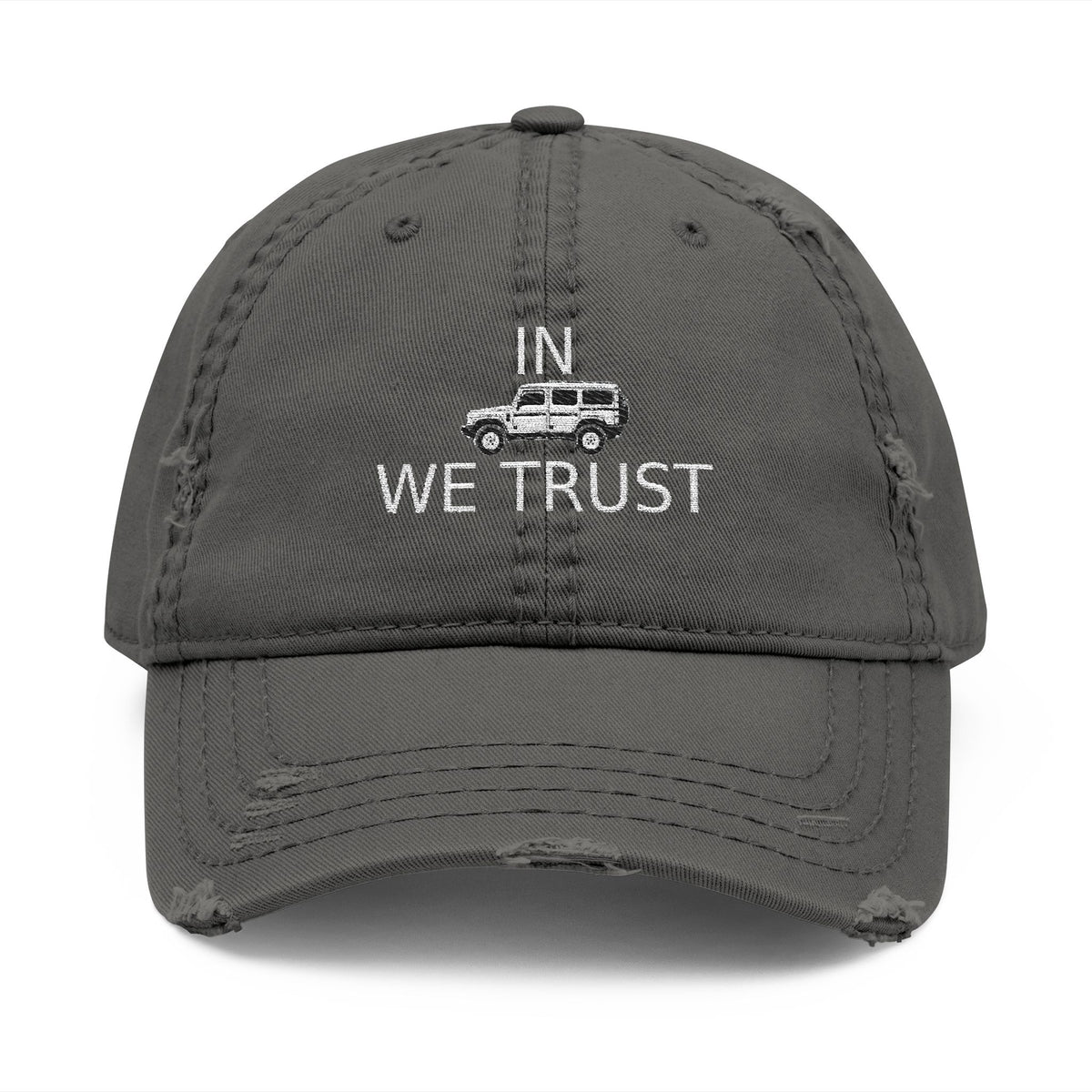Distressed dad hat with embroidered IN WE TRUST lockup, side-view boxy 4x4, Charcoal Grey