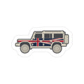 Die-cut sticker: boxy 4x4 side profile with Union Jack flag wrap, white border