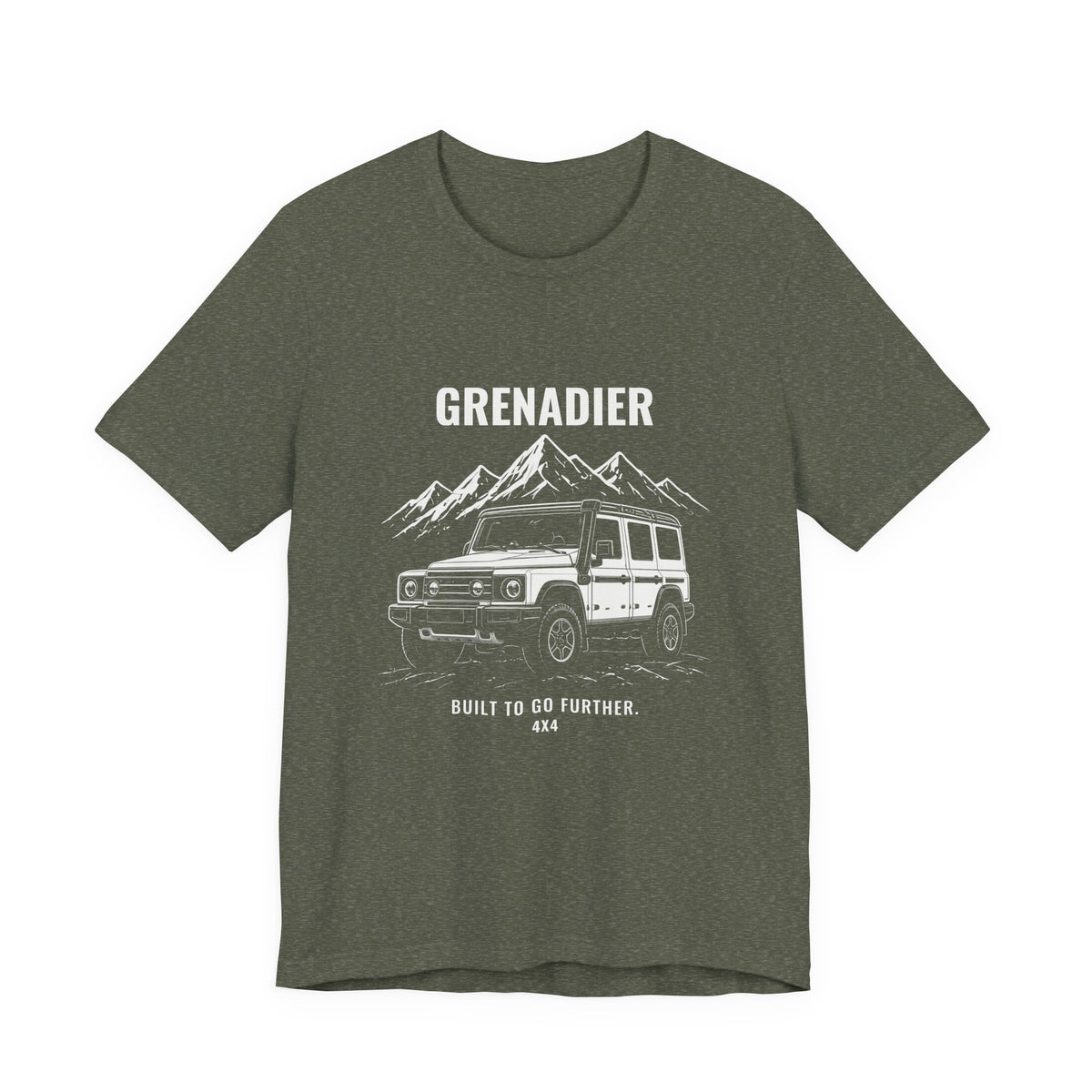 Built to Go Further tee with boxy 4x4 and mountains art, Bella+Canvas 3001 in Heather Military Green, front view