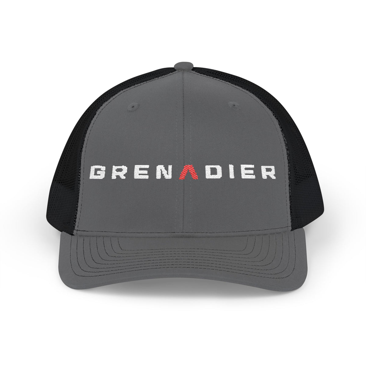Dark snapback trucker hat with embroidered GRENADIER wordmark and red Λ, Charcoal / Black