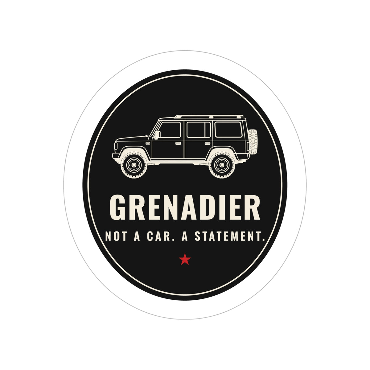 Die-cut sticker: GRENADIER with NOT A CAR. A STATEMENT. tagline – view 3
