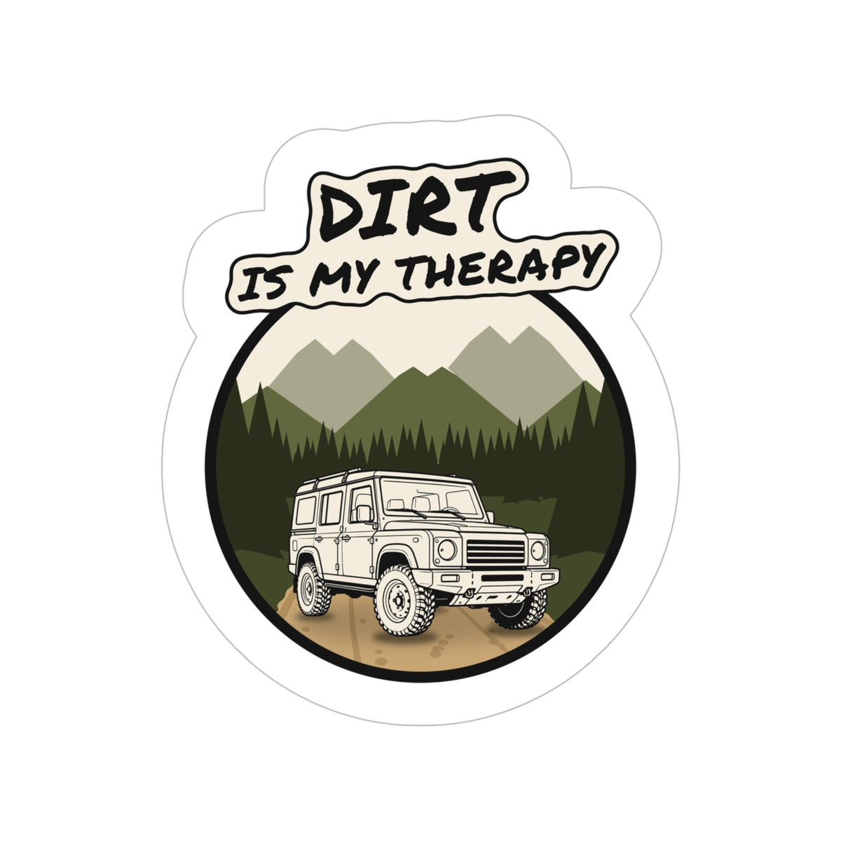 Die-cut trail sticker reading DIRT IS MY THERAPY with GRENADIER lettering – view 2