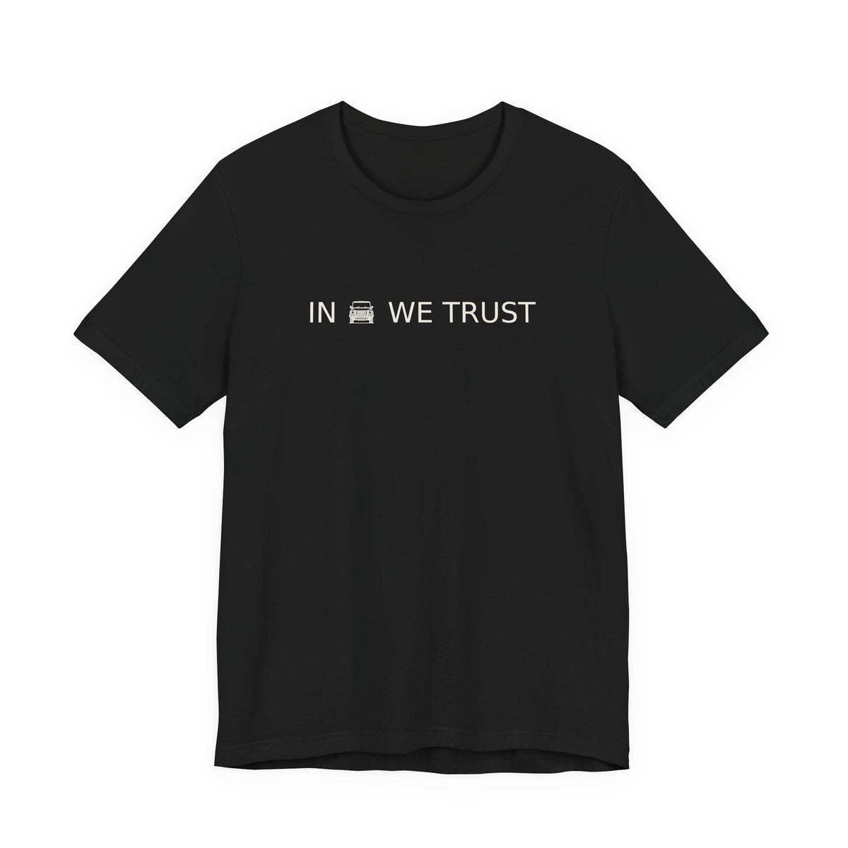 Tee with full-front IN WE TRUST lockup, front-view boxy 4x4 between the words, Black