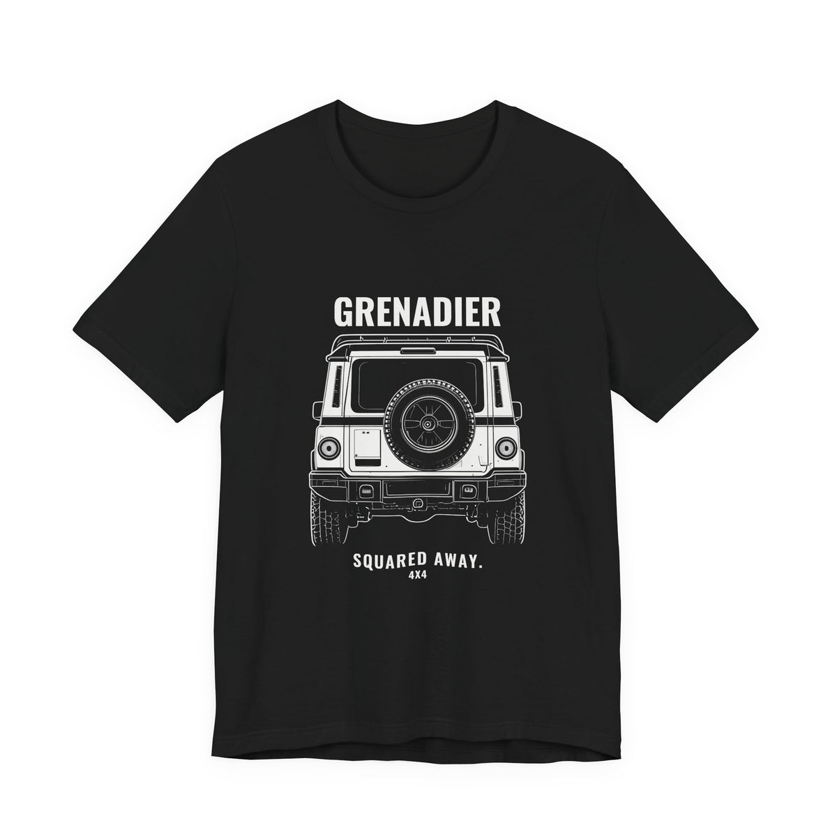 Squared Away tee with rear view boxy 4x4 line art, Bella+Canvas 3001 in Black, front view