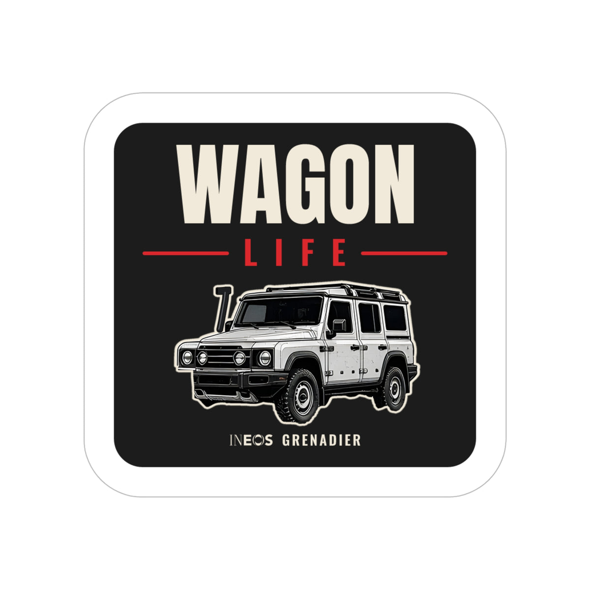 Wagon Life die-cut sticker: WAGON LIFE lettering over a white side-profile 4x4 wagon on a black badge – view 3