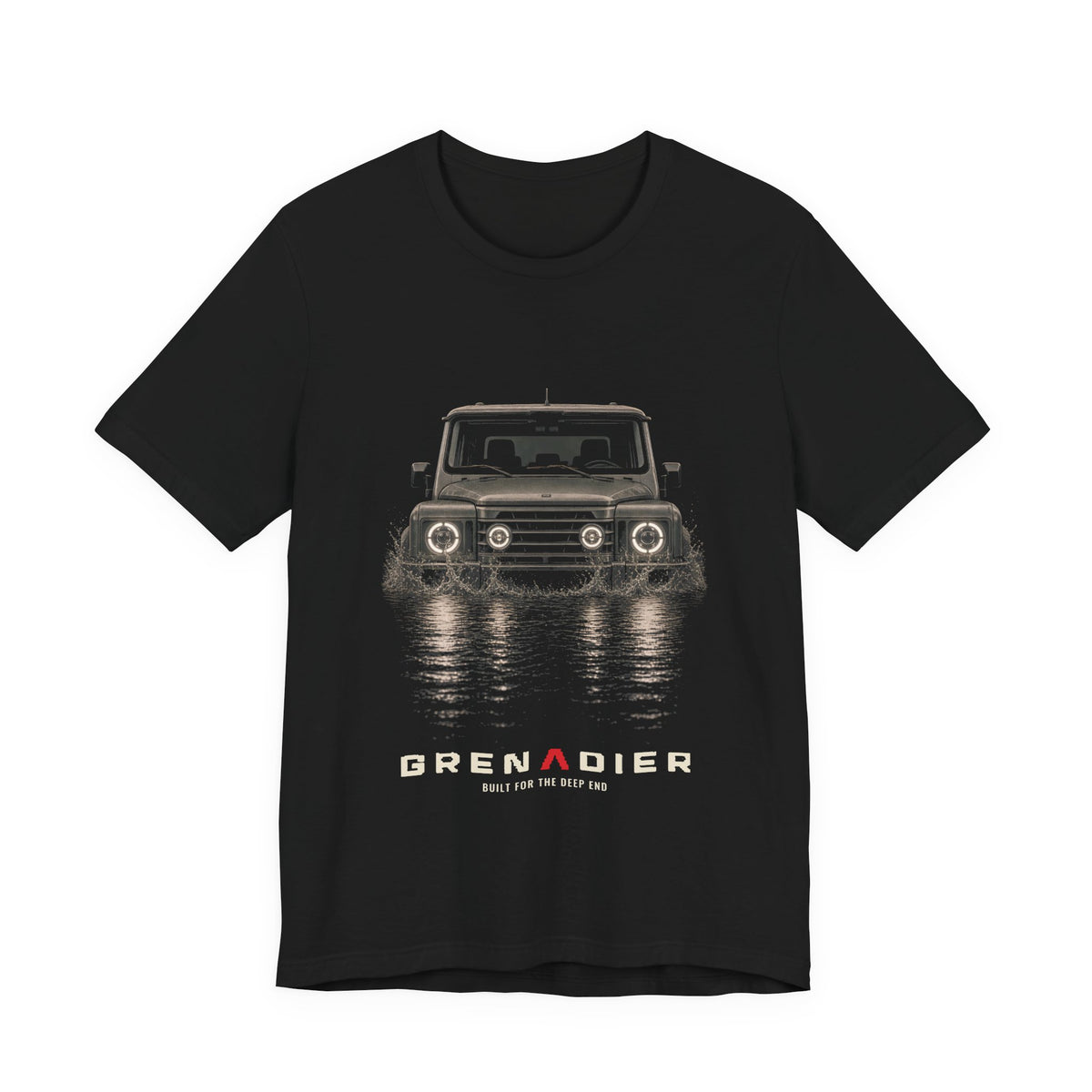 Black tee, front print: 4x4 wading dark water at night, headlights on (splash of water across the bow) with BUILT FOR THE DEEP END lettering under GRENADIER wordmark, Black