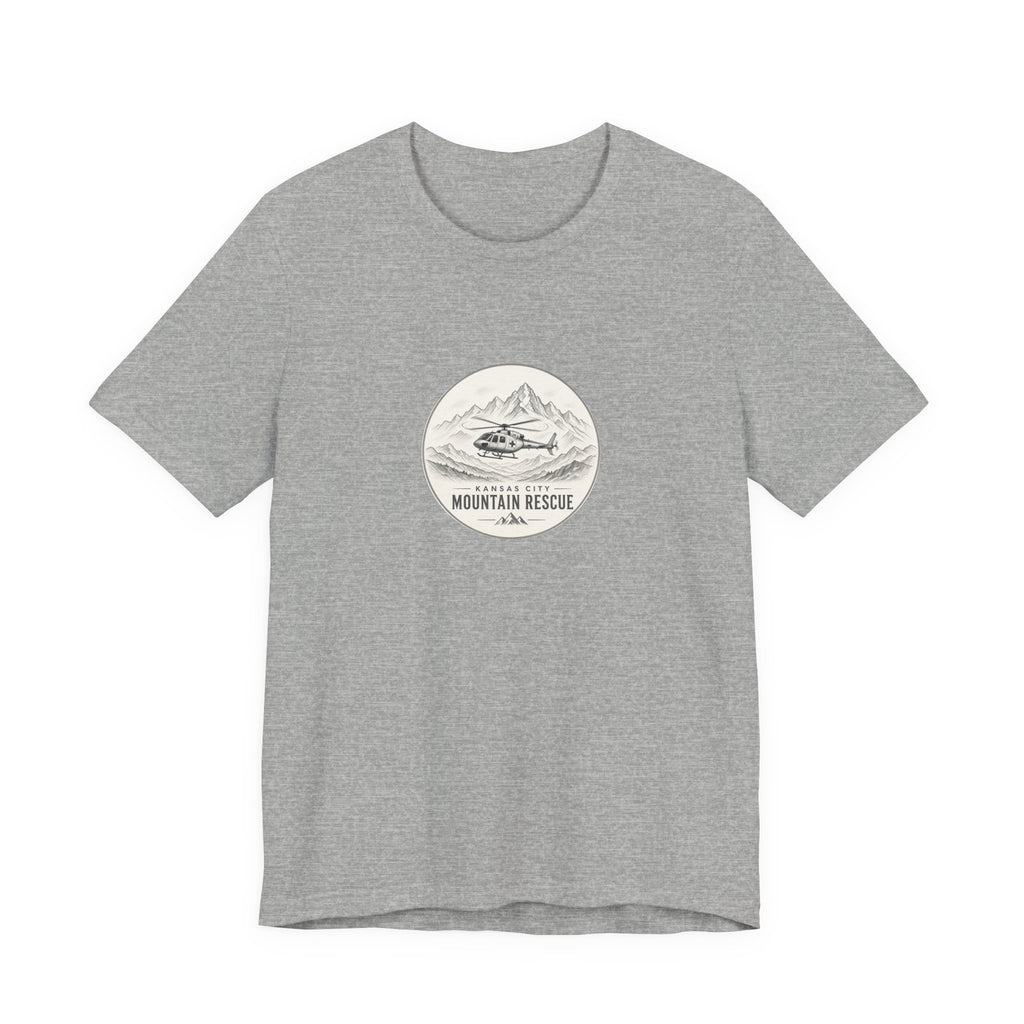 Tee with Kansas City Mountain Rescue round badge: helicopter over mountain line art, Athletic Heather