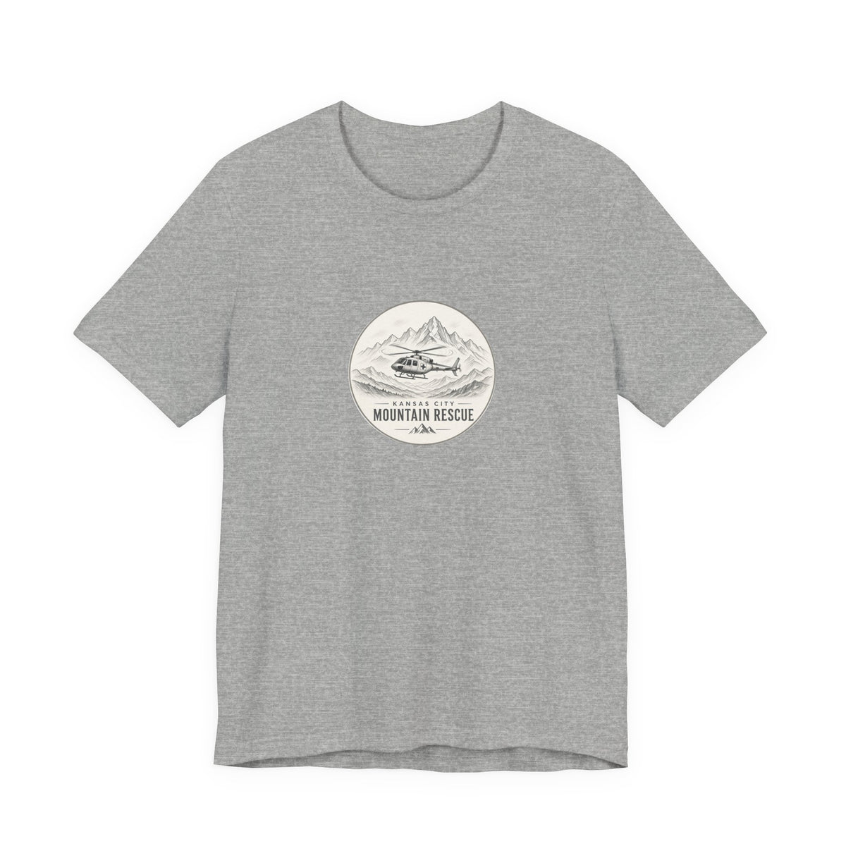 Tee with Kansas City Mountain Rescue round badge: helicopter over mountain line art, Athletic Heather