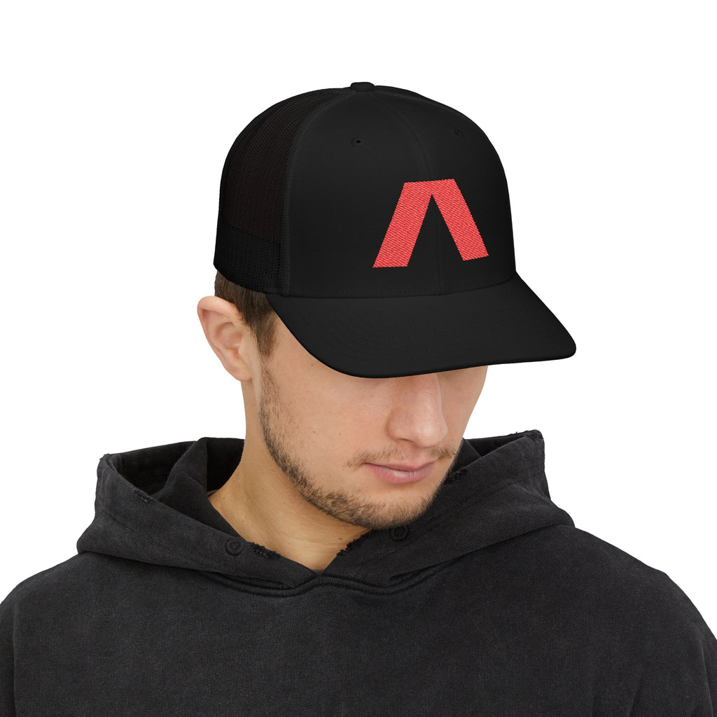 Dark snapback trucker hat with large red Λ embroidered on front – view 13