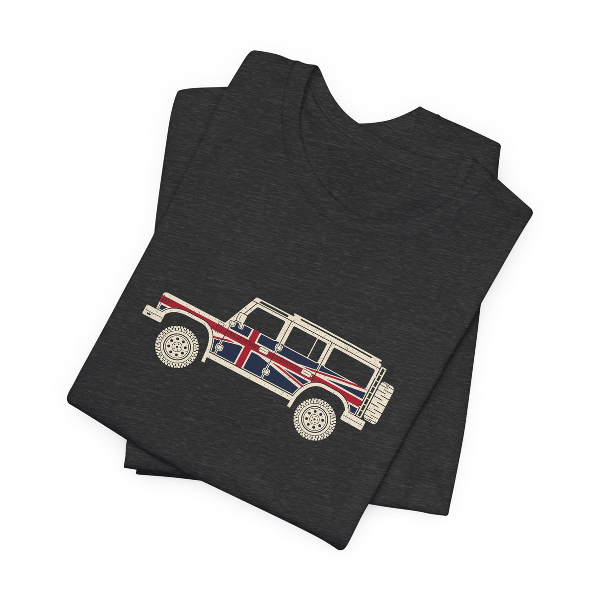 Dark grey heather tee: boxy 4x4 in side profile with Union Jack flag wrap – view 2
