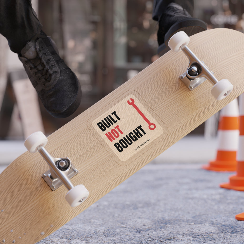 Built Not Bought die-cut sticker: BUILT NOT BOUGHT lettering with a red NOT and a red wrench on a cream badge – view 9