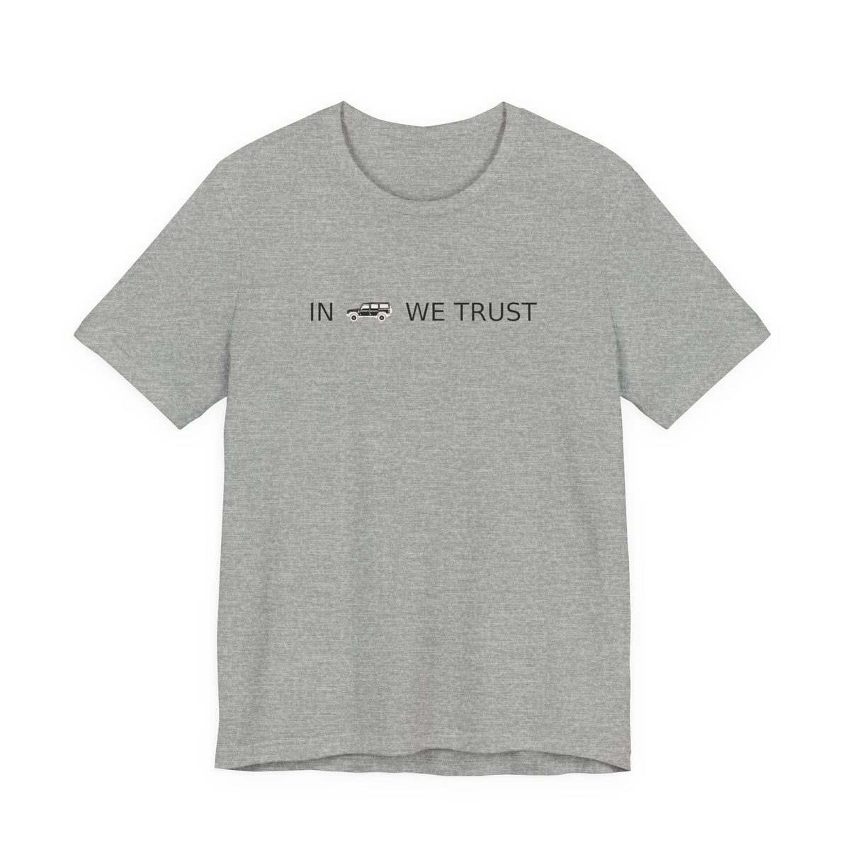 Tee with full-front IN WE TRUST lockup, side-view boxy 4x4 between the words, Athletic Heather