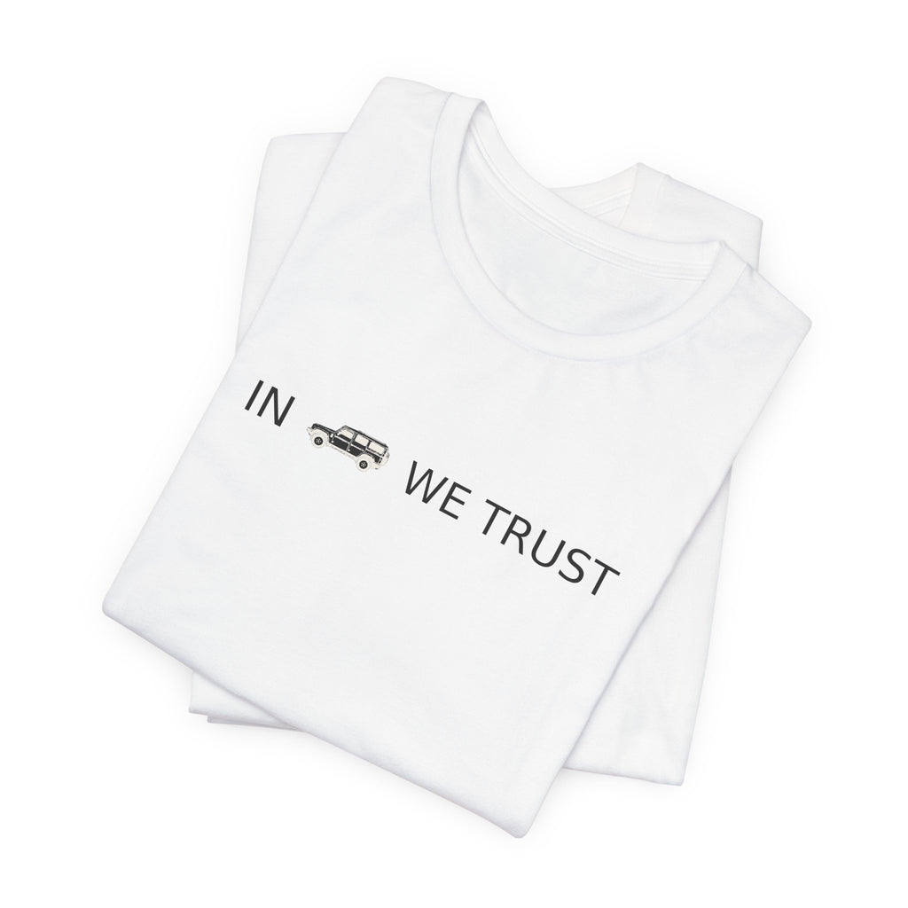 Tee with full-front IN WE TRUST lockup, side-view boxy 4x4 between the words – view 6