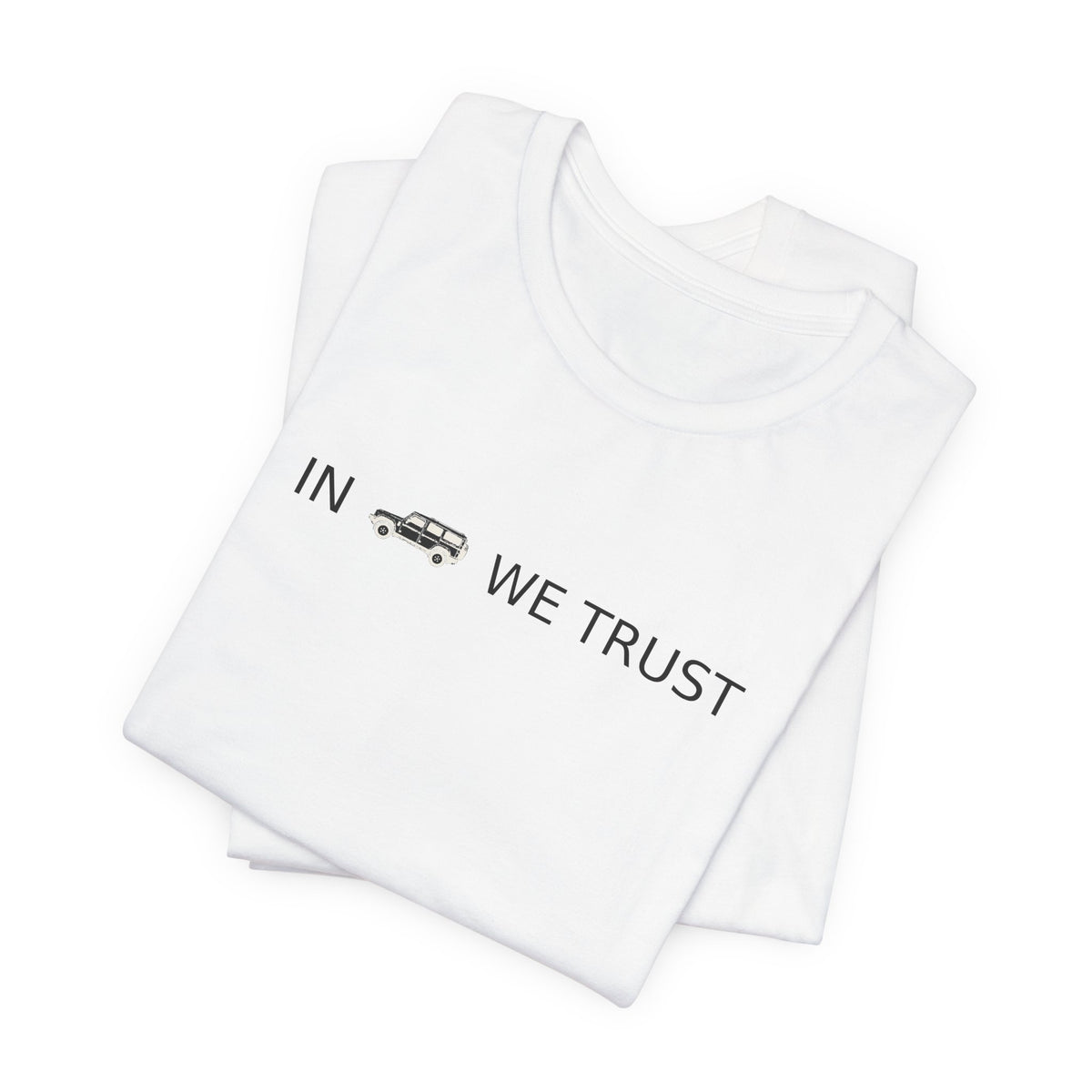 Tee with full-front IN WE TRUST lockup, side-view boxy 4x4 between the words – view 6