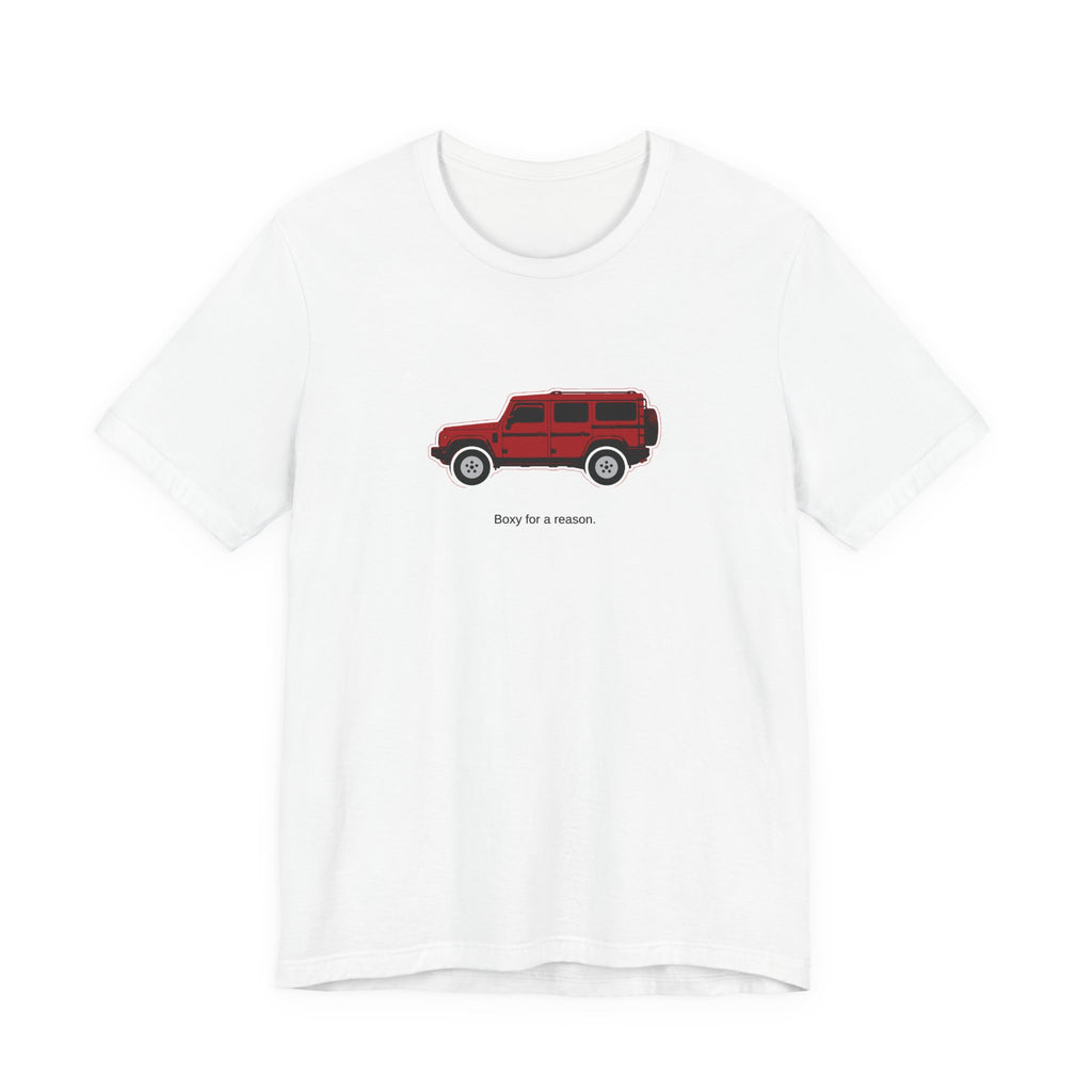 Tee: Devil Red boxy 4x4 in side profile on white field, "Boxy for a reason." lettering under the truck, White
