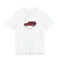 Tee: Devil Red boxy 4x4 in side profile on white field, "Boxy for a reason." lettering under the truck, White