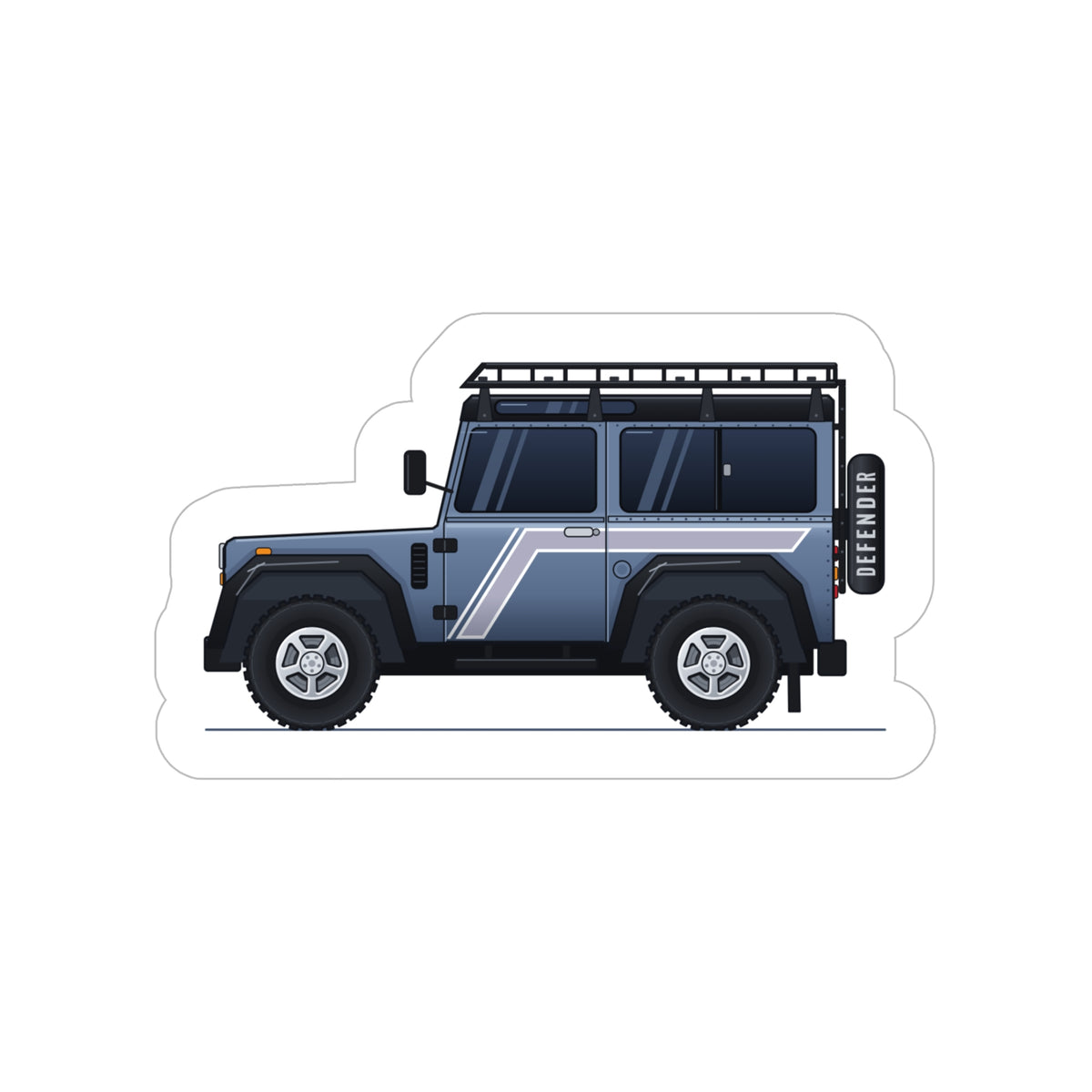 Die-cut sticker: slate-blue boxy 90 4x4 in side profile with pinstripes, white border – view 3