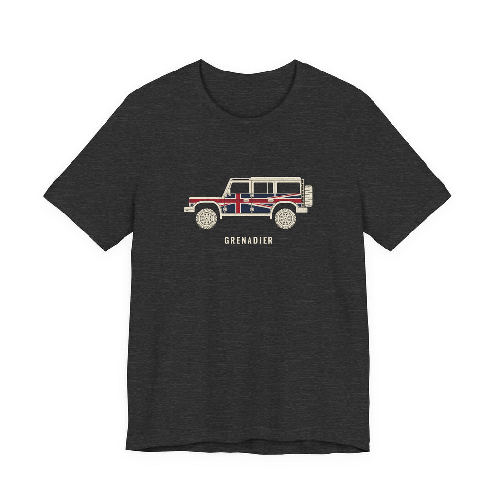 Dark grey heather tee: boxy 4x4 in side profile with Union Jack flag wrap over GRENADIER wordmark, Dark Grey Heather