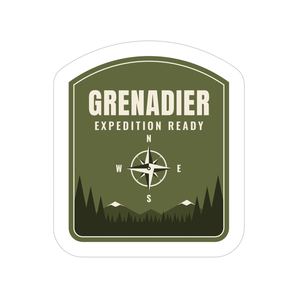 Olive green badge sticker: GRENADIER, EXPEDITION READY, compass rose over pine treeline – view 2