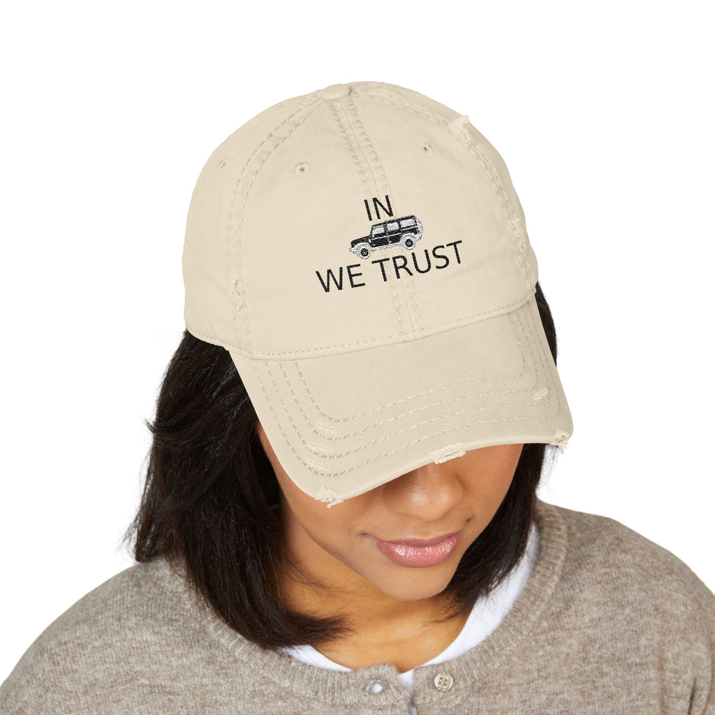 Distressed dad hat with embroidered IN WE TRUST lockup, side-view boxy 4x4 – view 8