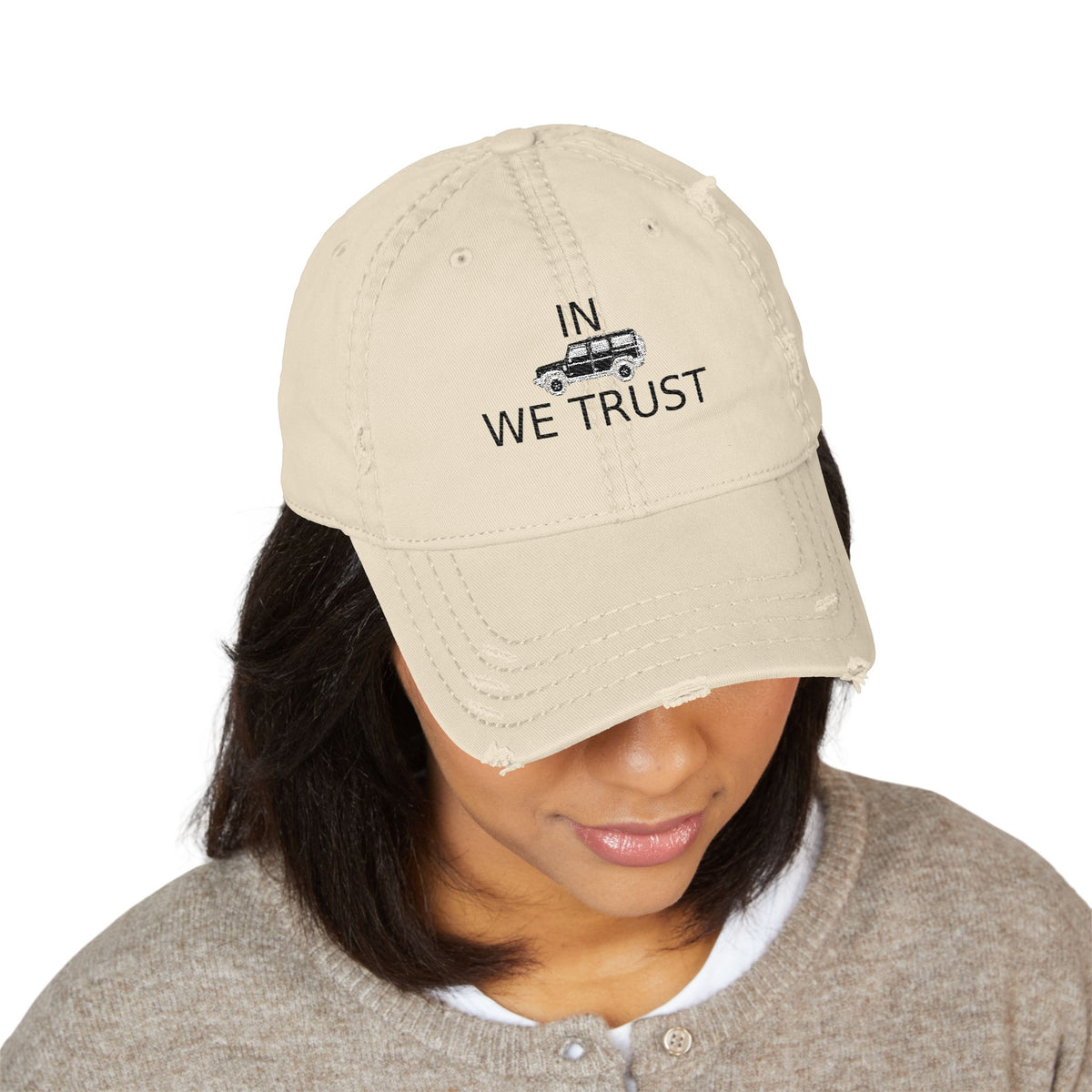 Distressed dad hat with embroidered IN WE TRUST lockup, side-view boxy 4x4 – view 8