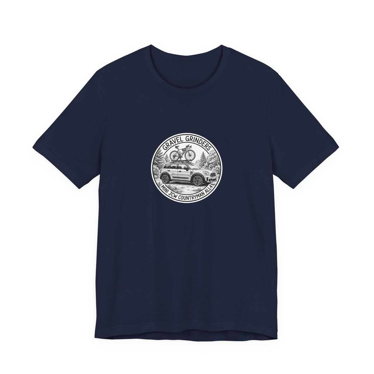 Gravel Grinders round line-art badge: compact crossover with gravel bike on roof rack among pines on tee, Navy