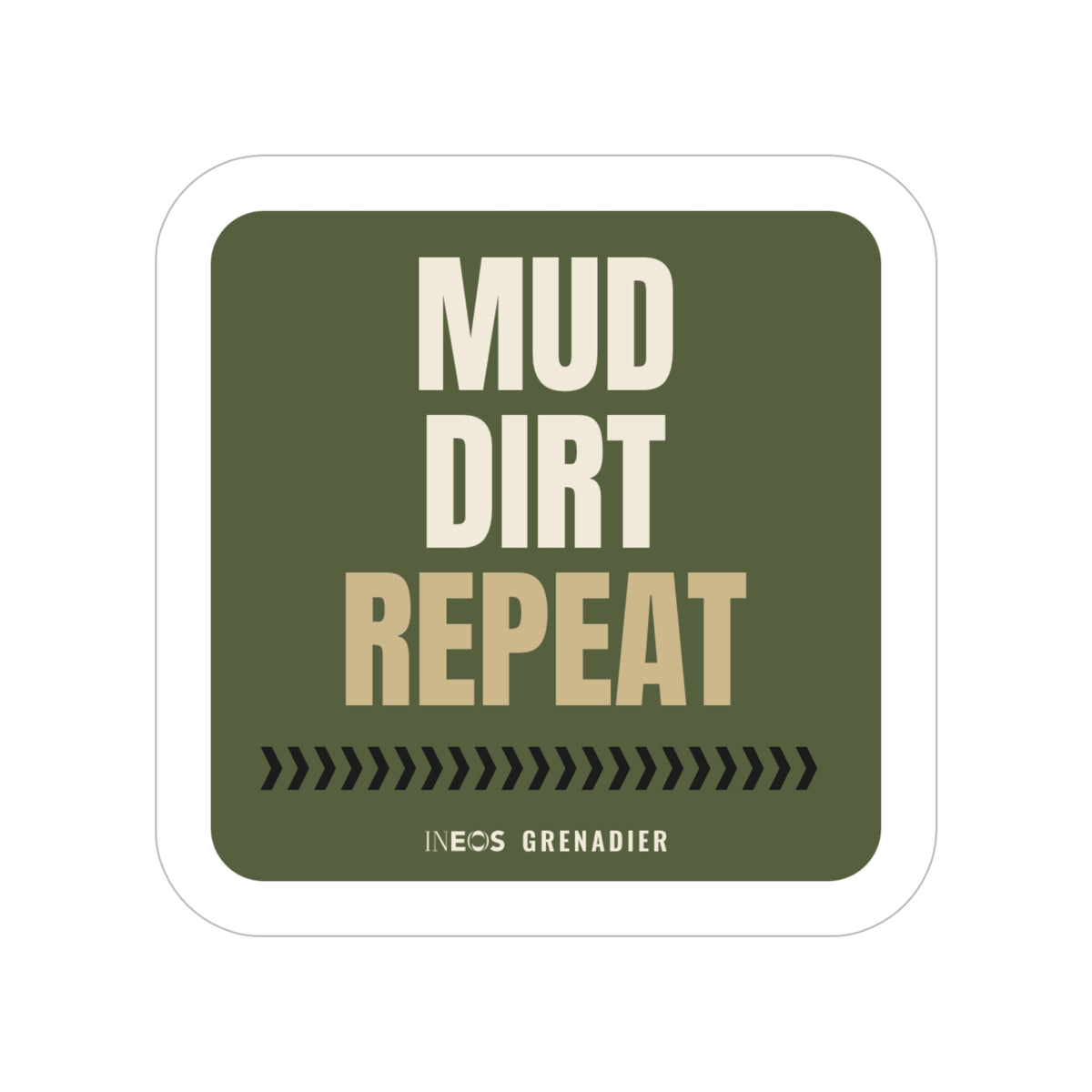Mud. Dirt. Repeat. die-cut sticker: stacked MUD. DIRT. REPEAT. lettering over a tire-tread chevron strip on an olive green badge – view 2