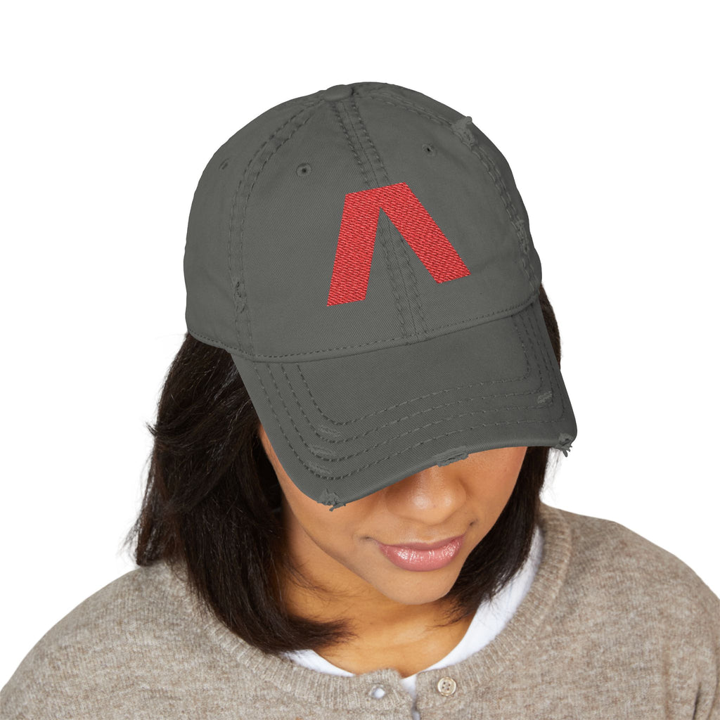 Distressed dad hat with large red Λ embroidered center front – view 4