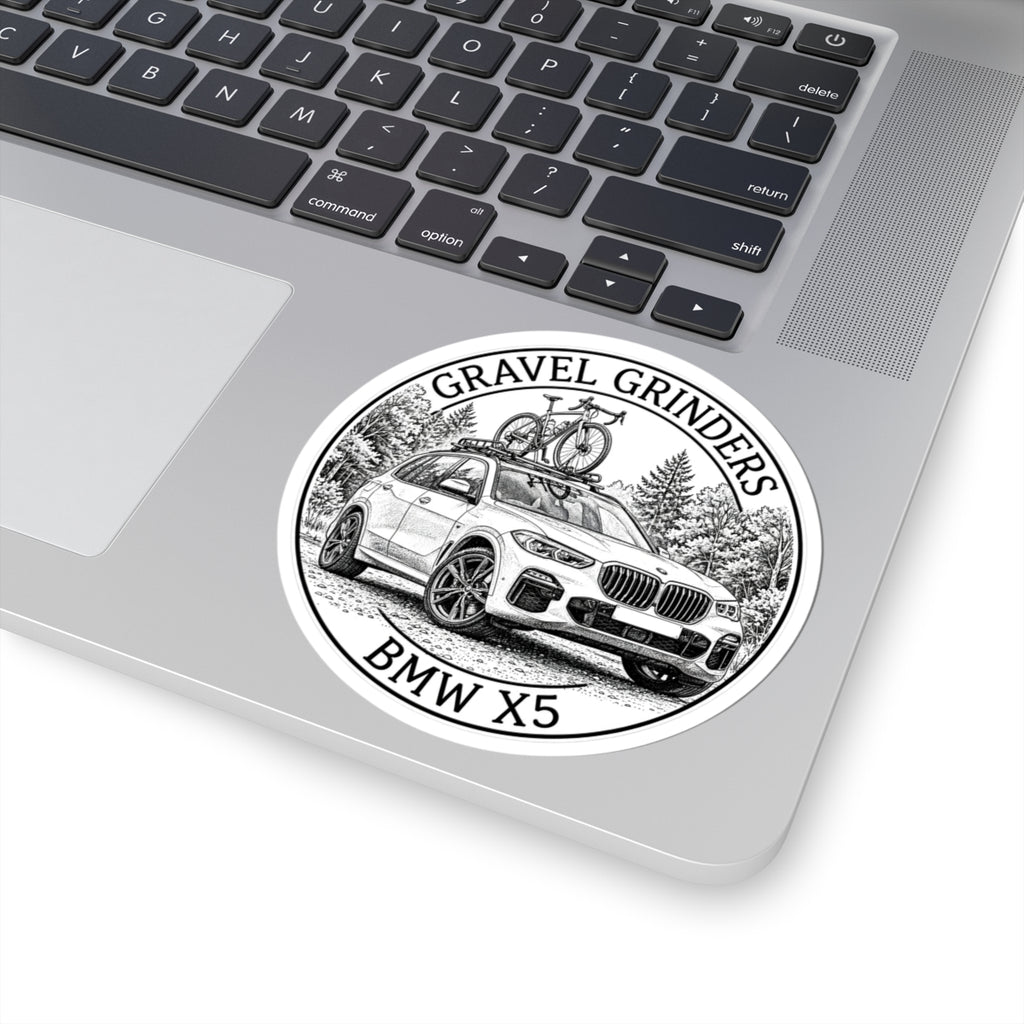 Gravel Grinders round line-art badge: luxury SUV with gravel bike on roof rack among pines – view 5