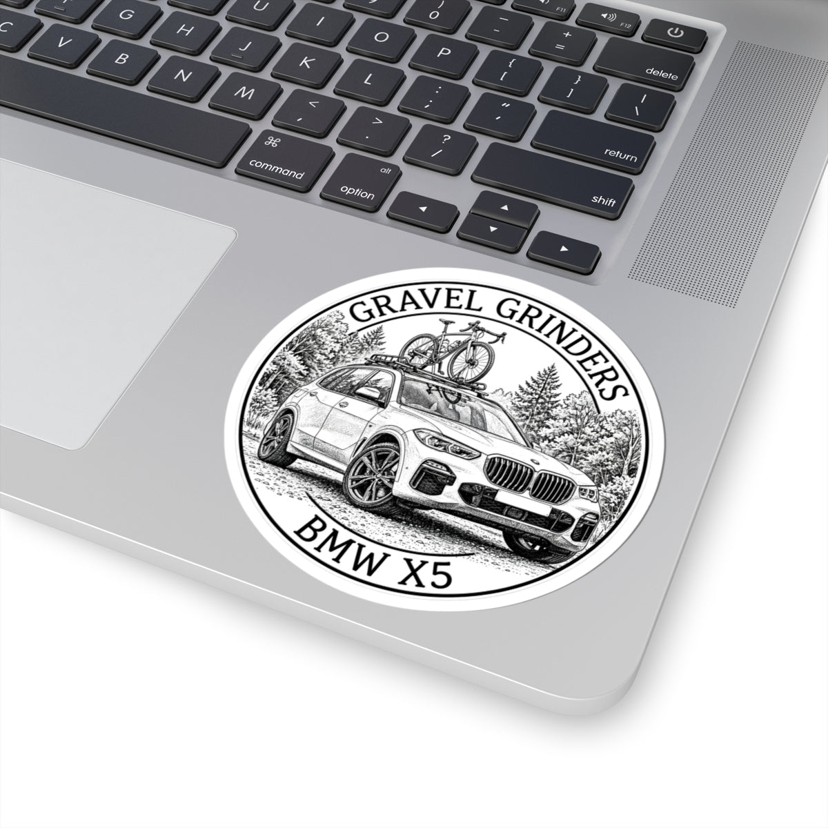 Gravel Grinders round line-art badge: luxury SUV with gravel bike on roof rack among pines – view 5