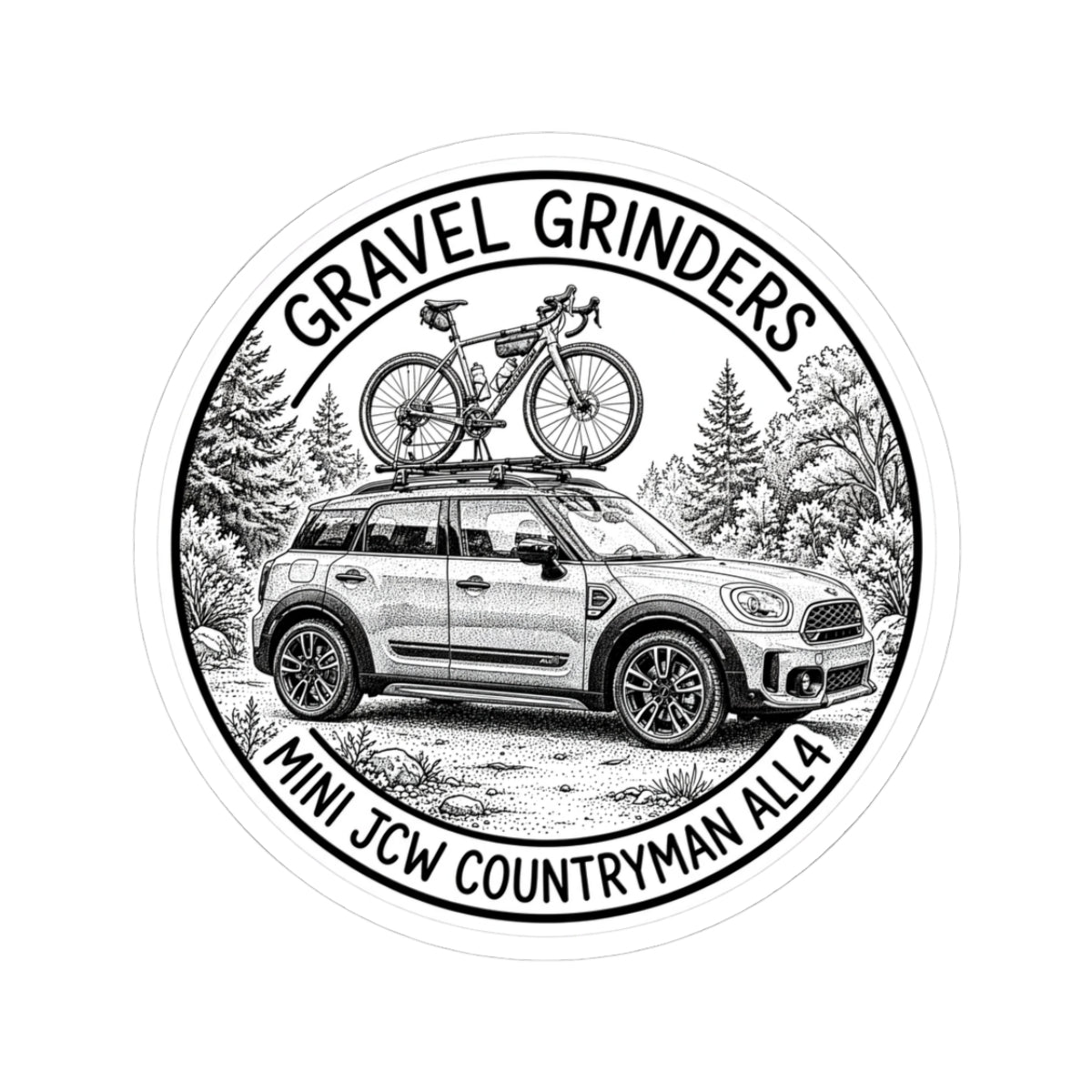 Gravel Grinders round line-art badge: compact crossover with gravel bike on roof rack among pines – view 2