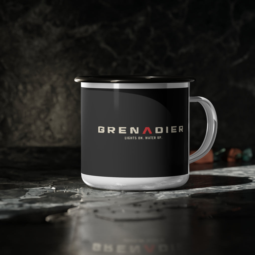 Night Wade enamel camp cup with black rim, boxy 4x4 wading at night with headlights on – view 4