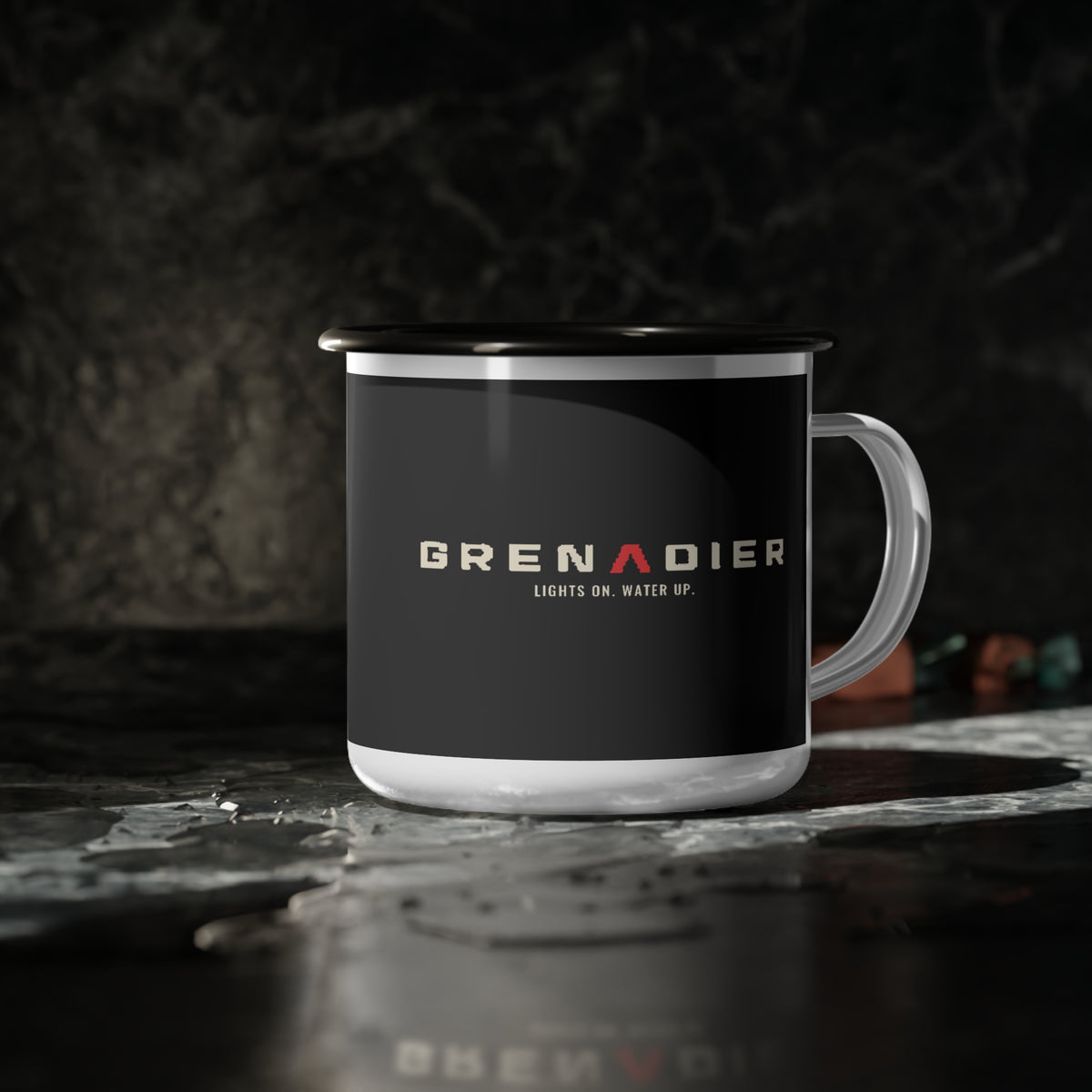 Night Wade enamel camp cup with black rim, boxy 4x4 wading at night with headlights on – view 4
