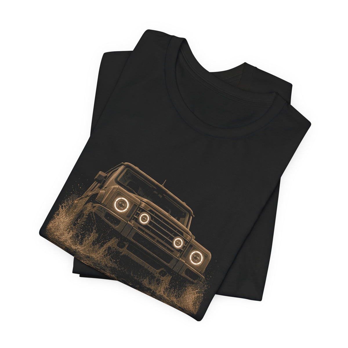 Black tee, front print: 4x4 wading dark water at night, headlights on (warm sepia, angled three-quarter view) with LIGHTS ON. WATER UP. lettering under GRENADIER wordmark – view 2