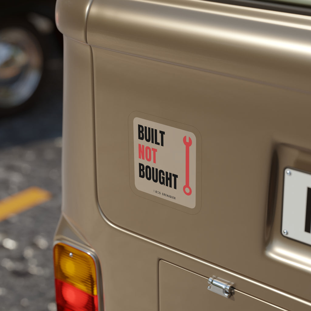 Built Not Bought die-cut sticker: BUILT NOT BOUGHT lettering with a red NOT and a red wrench on a cream badge – view 8