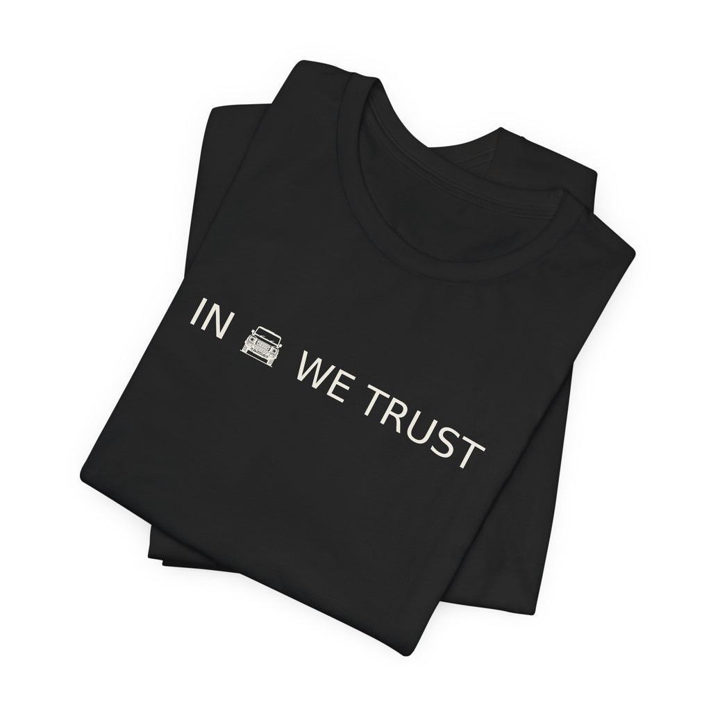 Tee with full-front IN WE TRUST lockup, front-view boxy 4x4 between the words – view 9