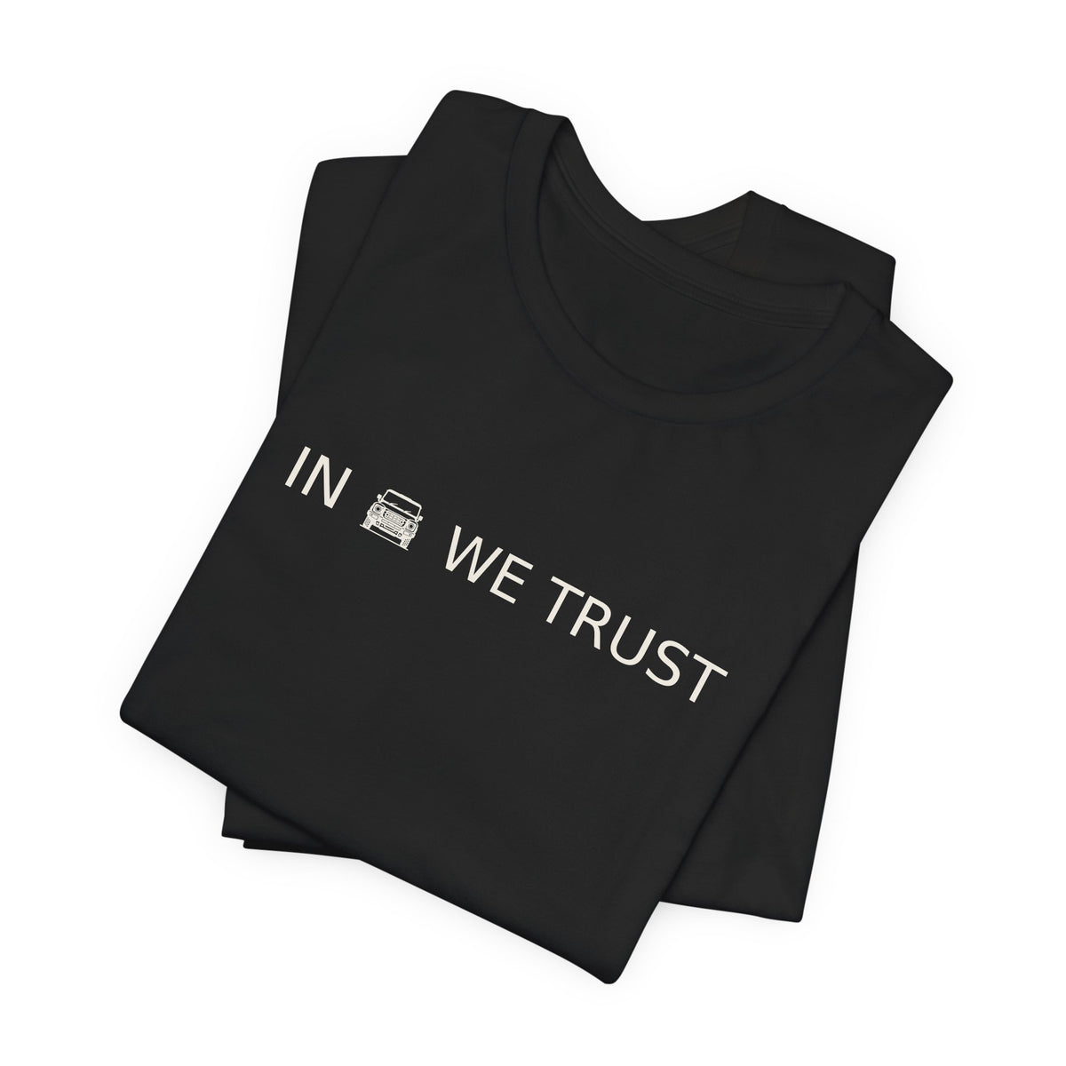 Tee with full-front IN WE TRUST lockup, front-view boxy 4x4 between the words – view 9