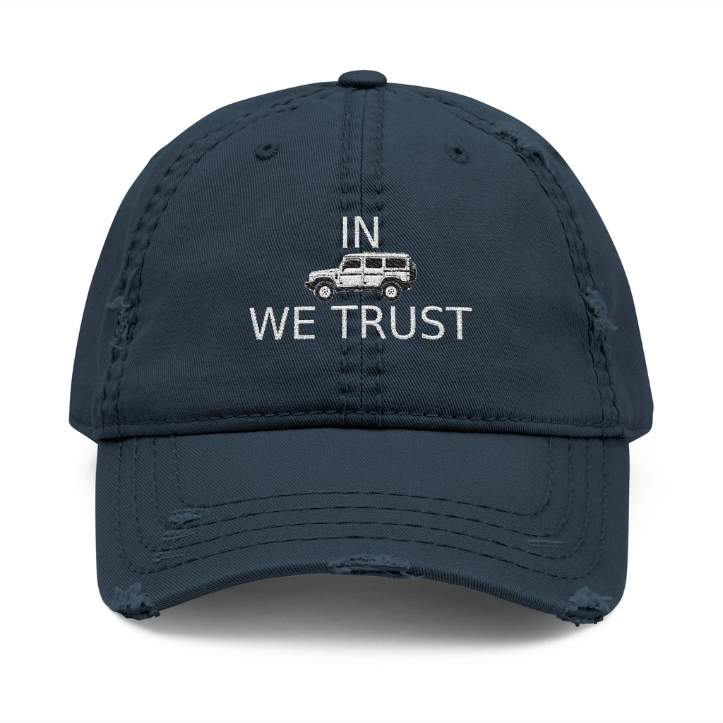 Distressed dad hat with embroidered IN WE TRUST lockup, side-view boxy 4x4, Dark Navy
