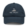 Distressed dad hat with embroidered IN WE TRUST lockup, side-view boxy 4x4, Dark Navy