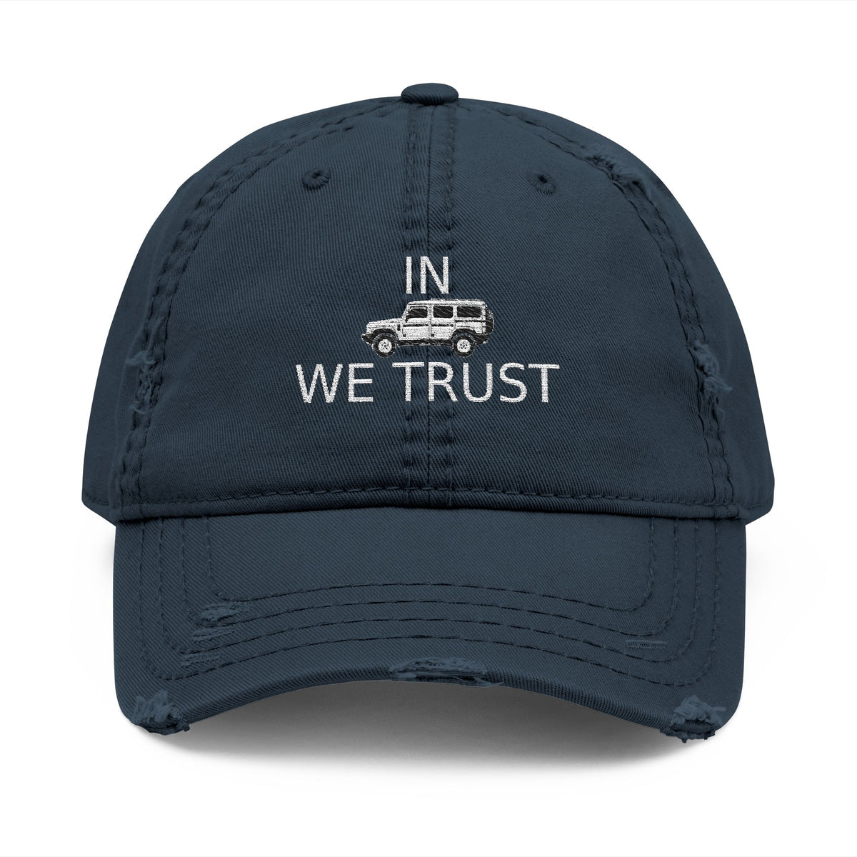 Distressed dad hat with embroidered IN WE TRUST lockup, side-view boxy 4x4, Dark Navy