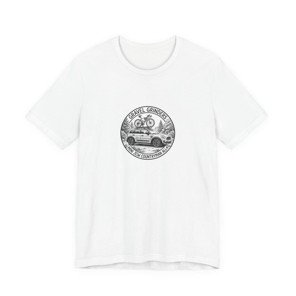 Gravel Grinders round line-art badge: compact crossover with gravel bike on roof rack among pines on tee, White