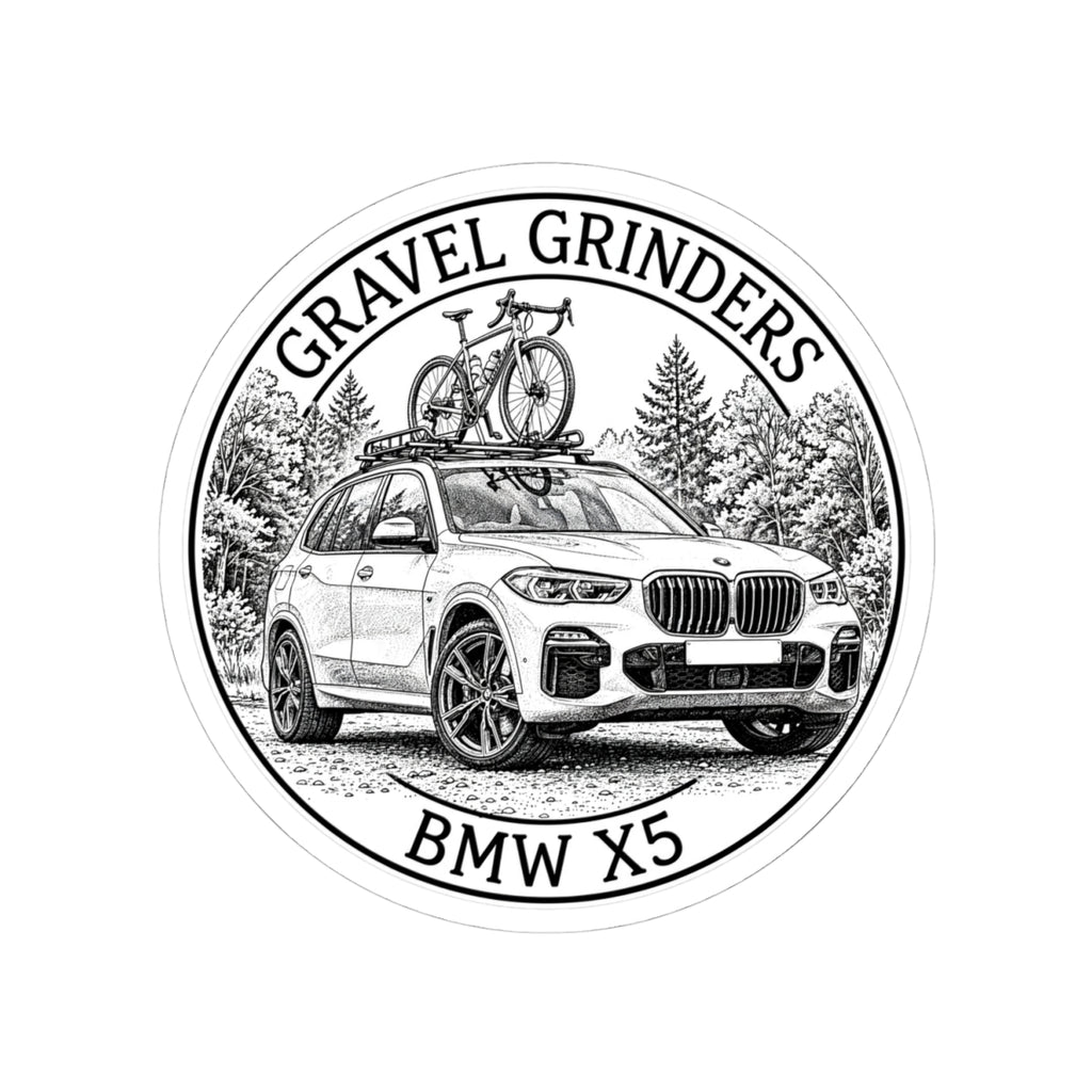 Gravel Grinders round line-art badge: luxury SUV with gravel bike on roof rack among pines